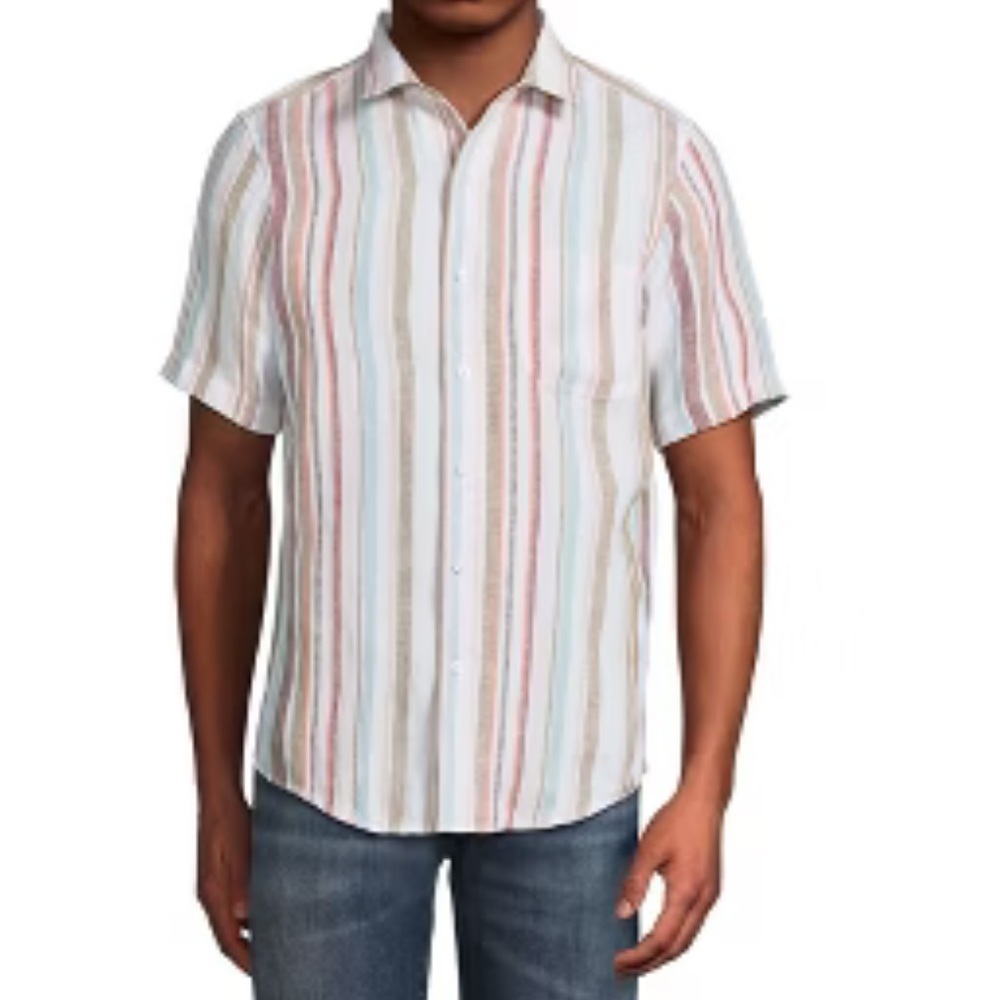 Lands' End 100% Linen Men's Traditional Fit Short Sleeve   Multi Stripe L